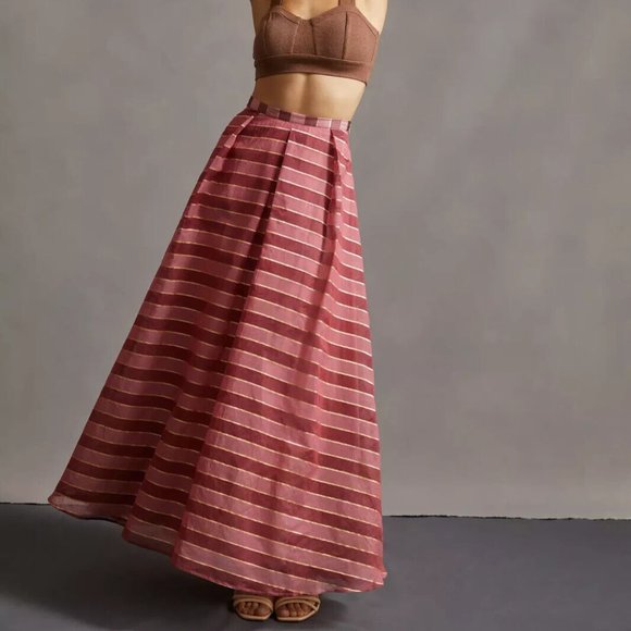Anthropologie Eva Franco S NWT Striped Ball Maxi Gown Skirt Gold Pink Burgundy